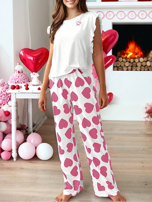 Heart Print Ruffle Sleeveless Top and Pants Set